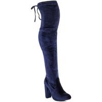 Spylovebuy JACKSON Lace Up Block Heel Thigh Boots - Blue Velvet Style women\'s High Boots in blue