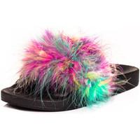 spylovebuy elesia faux feather sliders flat sandals shoes multi rubber ...