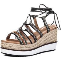 Spylovebuy Melissa Lace Up Embroidered Wedge Heel Sandals Shoes - Black Le women\'s Espadrilles / Casual Shoes in black