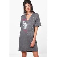 Spliced Print Choker T-Shirt Dress - charcoal