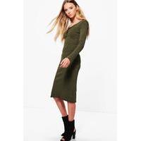 Split Hem Long Sleeve Dress - khaki