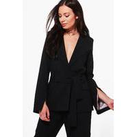 Split Sleeve Contrast Belted Tailored Blazer - black
