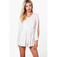 Split Sleeve Crepe Playsuit - ivory