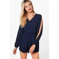 Split Sleeve Crepe Playsuit - navy