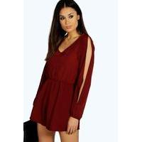 split sleeve crepe playsuit berry