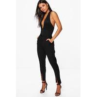 Split Front Woven Tailored Trousers - black