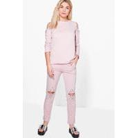 Split Knee Stud Detail Sweat Joggers - blush