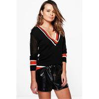 Sports Stripe V-Neck Cricket Jumper - black