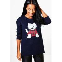 Split Hem Scotty Dog Applique Christmas Jumper - navy