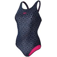 Speedo Endurance 10 Monogram Allover Muscleback Ladies Swimsuit - Black/Grey/Pink, 30\