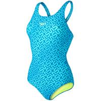 Speedo Endurance 10 Monogram Allover Muscleback Ladies Swimsuit - Blue/Yellow, 30\