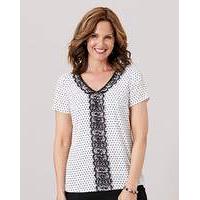 spot crepe shell top with lace trim