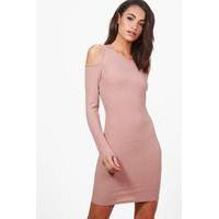 Square Cold Shoulder Ribbed Bodycon Dress - rose
