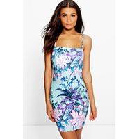 Square Neck Floral Strappy Bodycon Dress - multi