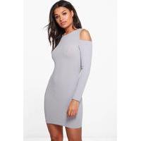 Square Cold Shoulder Ribbed Bodycon Dress - grey