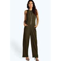 Square Neck Textured Jumpsuit - khaki