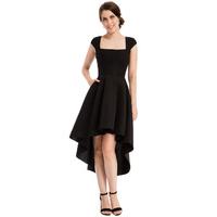 Square Neckline Asymmetric Midi Dress - Black