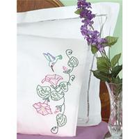 Stamped Pillowcases With White Perle Edge 2/Pkg-Hummingbird & Morning Glories 243421