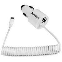 Startech.com Dual-port Car Charger Usb With Built-in Micro-usb Cable (white)