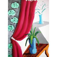 still life with magenta curtain by david hockney