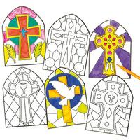 Stained Glass Effect Cross Colour-in Window Decorations (Pack of 36)