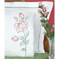 Stamped Pillowcases With White Lace Edge 2/Pkg-Long Stem Rose 243445