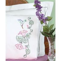 stamped pillowcases with white lace edge 2pkg hummingbird morning glor ...