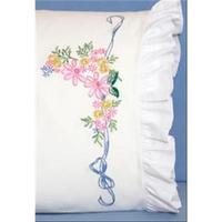 Stamped Lace Edge Pillowcase 30X20ins - Pack of 2 - Ribbon and Flower 230089