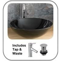 stunning black glass round 42cm diam padova hand basin with tap and wa ...