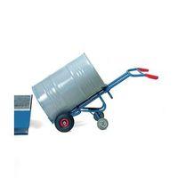 STEEL DRUM TROLLEY ON PNEUMATIC TYRES AND WITH TWO BACK CASTOR SUPPORTS