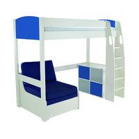 Stompa UNOS high sleeper frame blue headboard - chair bed blue and cube with 2 blue doors and 2 grey doors