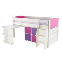 Stompa UNOS mid sleeper pink - incl pull out desk and 1 multi cube with 2 pink and 2 purple doors and 1 chest of drawers