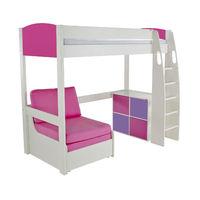 Stompa UNOS high sleeper frame pink headboard - chair bed pink and cube with 2 pink doors and 2 purple doors