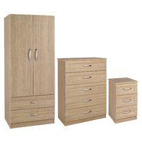 Staccato 2 Door 2 Drawer Wardrobe 5 Drawer Chest and 3 Drawer Bedside Set Oak