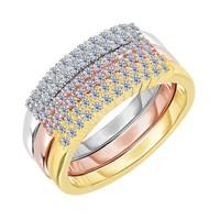 sterling silver rose yellow stackable triple set bands and cubic zirco ...