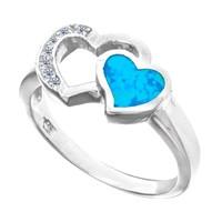 Sterling Silver Double Hearts Design Cubic Zirconia And Created Opal Ring