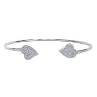 Sterling Silver Double CZ Heart Shaped Leaf Ends Bracelet Cuff