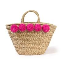 straw basket and pompoms