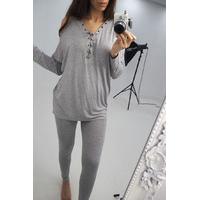 stacey grey eyelet jersey cold shoulder lounge set