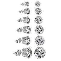 Stainless Steel Womens Stud Earrings Cubic Zirconia Inlaid3mm-8mm 6 Pairs