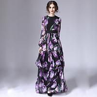 STEPHANIE Women\'s Casual/Daily Vintage Sheath DressFloral Round Neck Maxi Long Sleeve Purple Cotton / Polyester Winter High Rise Inelastic Thin
