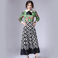 STEPHANIE Women\'s Boho Casual/Daily Vintage Winter Set Skirt SuitsGeometric Shirt Collar Long Sleeve Green Cotton / Polyester Medium
