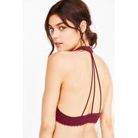 Strappy Back Lace Halter Neck Bra, MAROON