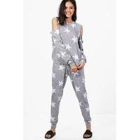 Star printed Cold Shoulder Jogger Set - grey