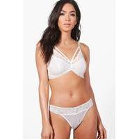 Strap Detail Lace & Mesh Thong - white