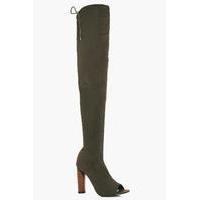 Stretch Peeptoe Thigh High Boot - khaki