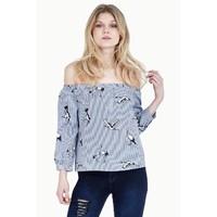 STRIPE BIRD POPLIN BARDOT BLOUSE