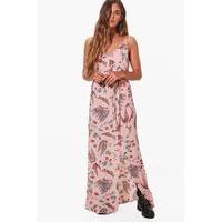 strappy tie waist printed woven maxi dress pink
