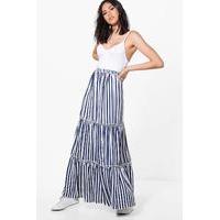 striped ruffle layered woven maxi skirt navy