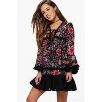 Steph Lace Up Flute Sleeve Printed Dress - multi